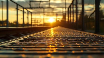 Wall Mural - Low Angle View of Train Station Platform Glowing in the Sunset : Generative AI