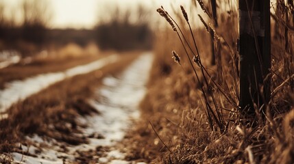Poster - Serene pathway lined with tall grasses leading to tranquil fields capturing tranquil rural ambiance : Generative AI