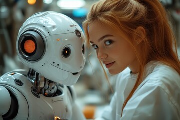 Poster - Interaction between a young woman and an advanced robot in a modern technology lab during daytime