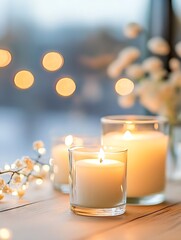 Poster - Beautifully lit candles by the window creating a serene and cozy atmosphere for relaxation and tranquility : Generative AI