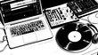 © mochalfin - DJ setup with laptop, mixer, and vinyl. Studio background, music production