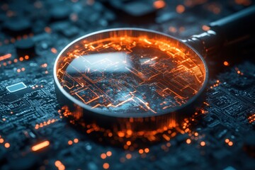 Poster - Magnifying glass reveals intricate details of a circuit board on a dark surface at night