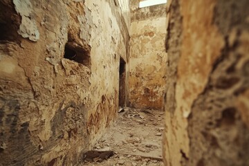 Leinwandbilder - Ruined buildings reveal cracked walls and dilapidated interiors in an abandoned historic site. Generative AI