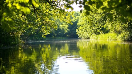 Poster - Serene river scene with lush green foliage reflecting in calm waters of a tranquil natural setting : Generative AI