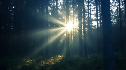 Aufkleber - Sunrays breaking through dense forest creating a mystical atmosphere in nature : Generative AI