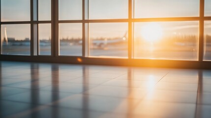 Poster - Stunning Airport Sunrise View Through Large Windows with Reflection on the Floor : Generative AI
