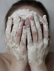 Aufkleber - Artistic Representation of a Person with Hands Covered in Clay and Masked Face : Generative AI