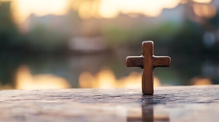 Aufkleber - Wooden cross set against a blurred warm sunset backdrop symbolizing faith and spirituality : Generative AI