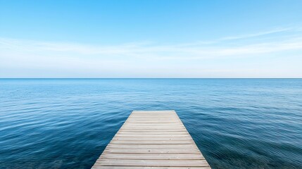 Aufkleber - Serene wooden pier extending over calm blue waters under a clear sky in a peaceful coastal landscape : Generative AI