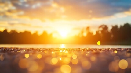 Fototapete - Stunning sunset over a serene lake with bokeh reflecting warm golden light : Generative AI
