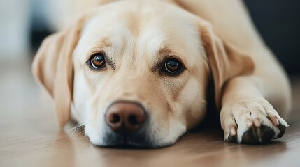 Poster - Close up of a gentle Labrador retriever resting its head on the floor looking thoughtful : Generative AI