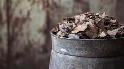 Leinwandbilder - Metal container filled with dry autumn leaves showcasing a rustic and natural decor element : Generative AI