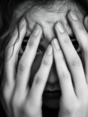Poster - Emotional portrait of a person concealing their face with hands expressing deep feelings and introspection : Generative AI