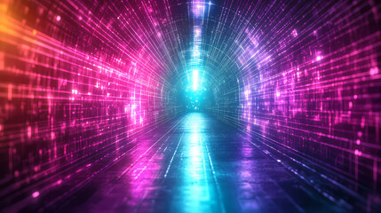 Wall Mural - colorful tunnel with bright light at the top in a neon cyberpunk alleyway featuring atmospheric rain