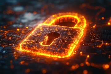 Poster - Bright glowing padlock representing digital security on a circuit board background in a technological environment at night