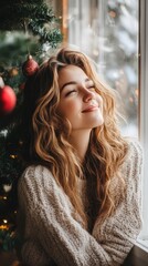 Wall Mural - Woman smiles peacefully by a decorated Christmas tree during a cozy winter afternoon with warm lighting. Generative AI