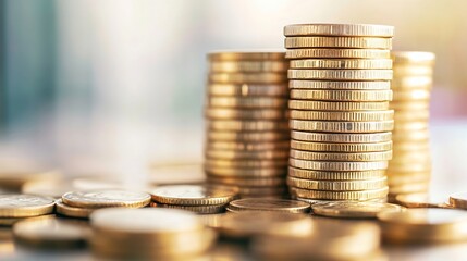 Aufkleber - Stacks of shiny gold coins arranged artistically on a surface with a blurred background suggesting wealth : Generative AI