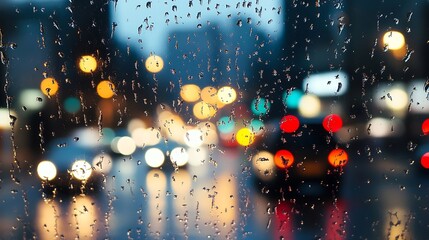 Aufkleber - Raindrops on a window with blurred city lights creating a moody and atmospheric urban scene at night : Generative AI