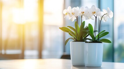 Poster - Elegant white orchids in modern pots captured beautifully in soft natural light by a window : Generative AI