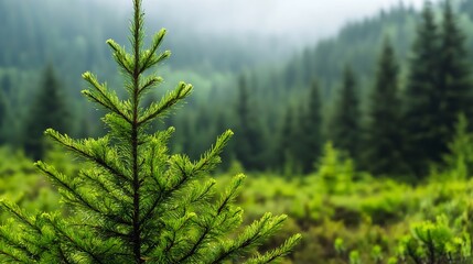 Poster - A serene landscape featuring lush green trees surrounded by a misty forest creating a tranquil scene : Generative AI