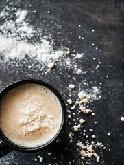 Aufkleber - Closeup of a black mug filled with frothy coffee and scattered powdered sugar on a dark surface : Generative AI