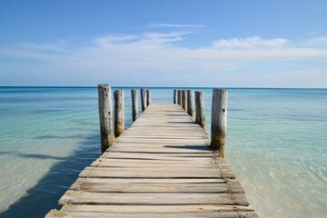 Fototapete - Wooden pier extending into calm turquoise waters under a clear blue sky in a tropical location during midday. Generative AI