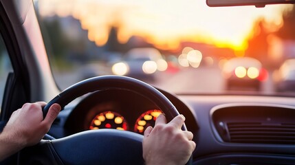 Poster - Hands on the steering wheel of a car driving on a busy road during sunset : Generative AI