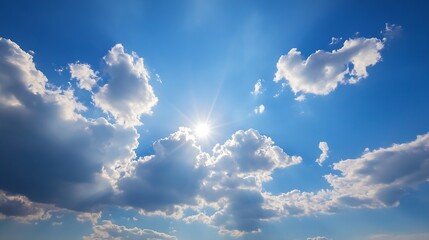 Poster - Bright sunny sky filled with soft clouds and sunlight illuminating the beautiful blue background : Generative AI