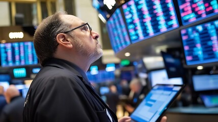 Poster - Stock market professional analyzing data trends on digital screens in trading room : Generative AI