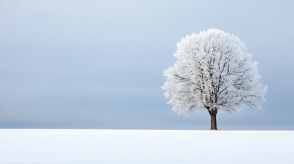 Poster - Lonely winter tree covered in frost standing in a serene field against a cloudy sky : Generative AI