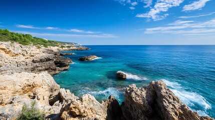 Stunning coastal view with clear blue waters and rocky shoreline under bright sunny skies : Generative AI