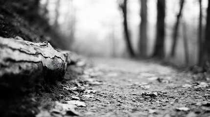 Aufkleber - Black and white tranquil forest path with fallen leaves and logs in a serene natural setting : Generative AI