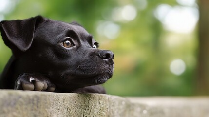 Aufkleber - Curious Black Dog Gazing intently into the Distance Surrounded by a Natural Green Environment : Generative AI