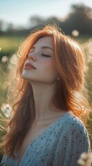 Poster - Young woman enjoys a serene moment in a sunlit field filled with flowers during a warm afternoon. Generative AI
