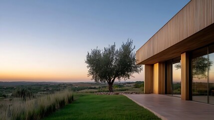 Poster - Modern architectural design of a dwelling set against a backdrop of a spectacular sunset landscape : Generative AI