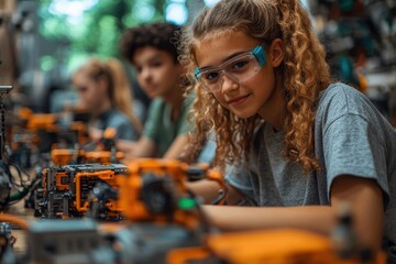 Poster - young students engage in robotics workshop, building and programming machines in collaborative envir