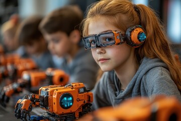 Poster - young girl engages in robotics workshop with advanced technology and peers in a creative learning en