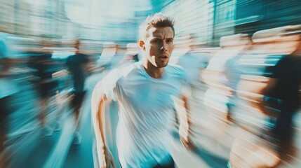 Poster - Runner transforms from tired at the start line to strong and victorious in a high energy race. Generative AI