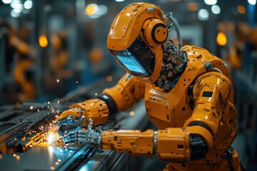 Poster - Innovative robotic arm works diligently in a factory setting during a futuristic manufacturing process