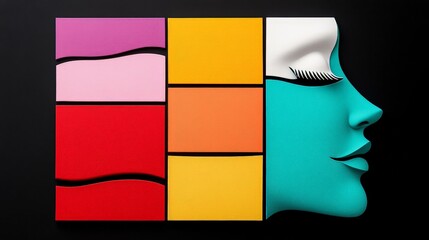 Poster - Colorful Abstract Face Design with Geometric Shapes on Black Background