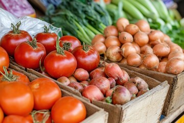 Fototapete - Fresh produce display at a farmers market showcasing vibrant tomatoes and onions in wooden crates for sale. Generative AI