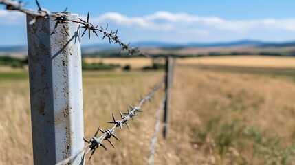 Aufkleber - Barbed wire fence along a vast landscape under a clear blue sky : Generative AI