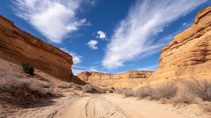 Aufkleber - Dramatic landscape of canyon walls and sandy road under blue sky with fluffy clouds : Generative AI