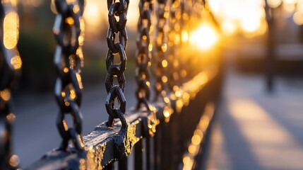 Aufkleber - Glistening chain links in a striking golden hour sunset illuminating a city park fence in soft focus : Generative AI