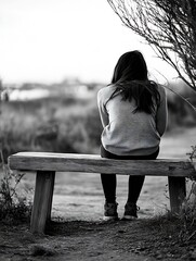 Poster - Lonely woman sitting on a bench in a serene outdoor environment reflecting on life : Generative AI
