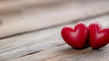 Poster - Closeup of two vibrant red heartshaped objects on rustic wooden surface for romantic themes : Generative AI