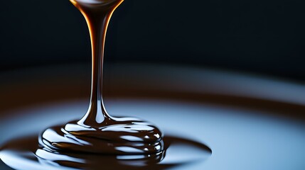 Poster - Liquid chocolate or caramel pouring in slow motion creating glossy swirl pattern on dark background, macro food photography showing viscosity and flow.