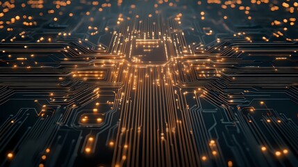 Poster - glowing orange circuit paths on dark blue motherboard background with light effects and digital conn