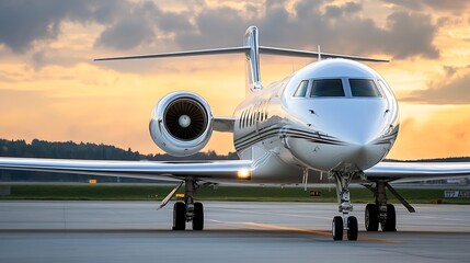 Poster - Sleek Private Jet on Airport Runway with Scenic Sunset Background : Generative AI