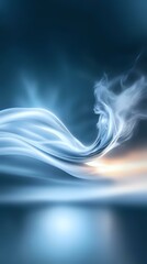 Poster - Ethereal flowing smoke forms graceful curves against deep blue background, creating mysterious atmosphere with subtle light reflection on water surface.